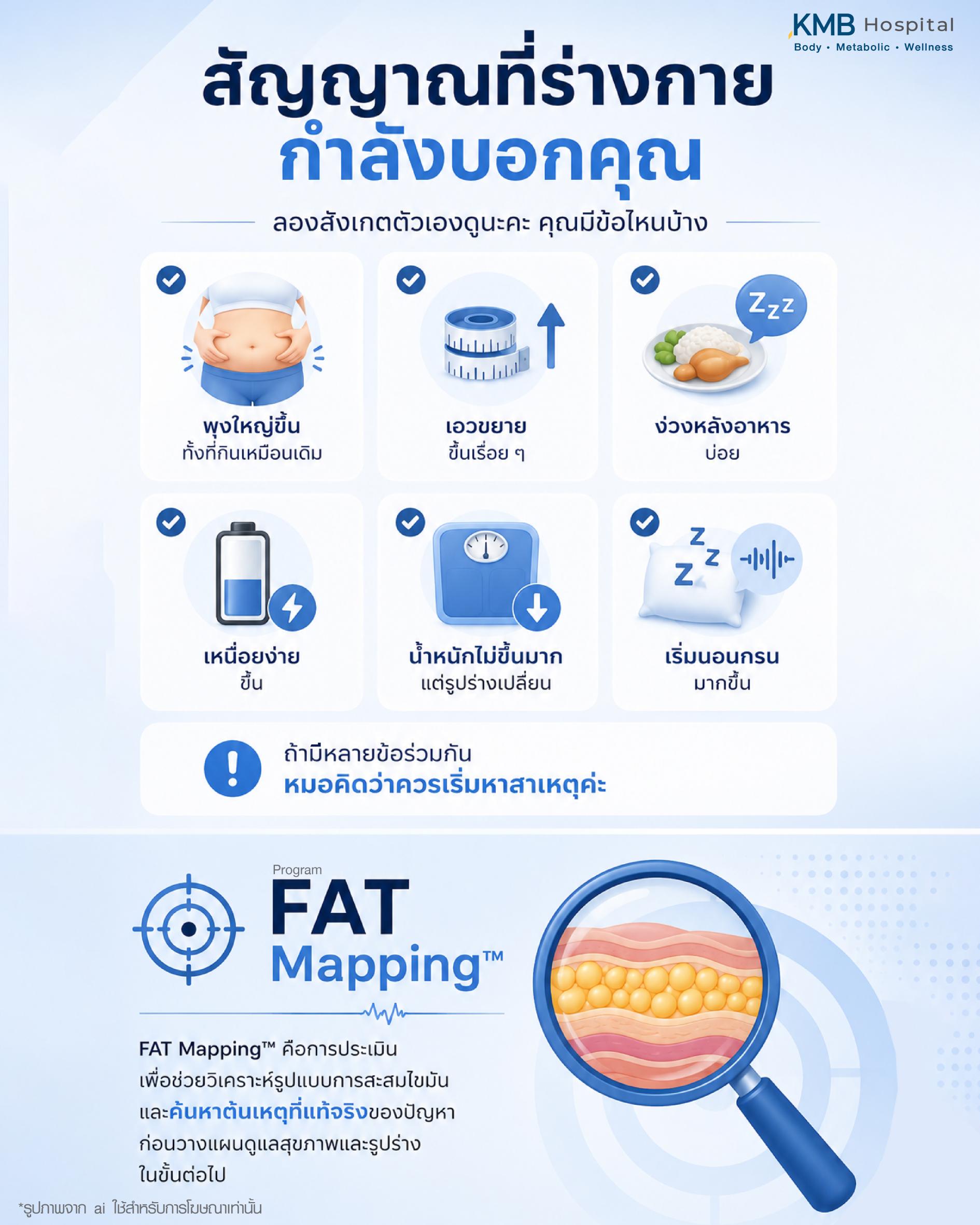 สัญญาณเตือนของร่างกายที่อาจเกี่ยวข้องกับระบบเผาผลาญผิดปกติ เช่น พุงใหญ่ขึ้น น้ำหนักขึ้นง่าย เหนื่อยง่าย และการนอนที่เปลี่ยนไป โดยอธิบายผ่านแนวคิด FAT Mapping ของ KMB Hospital เพื่อช่วยวิเคราะห์ต้นเหตุของไขมันและสุขภาพ