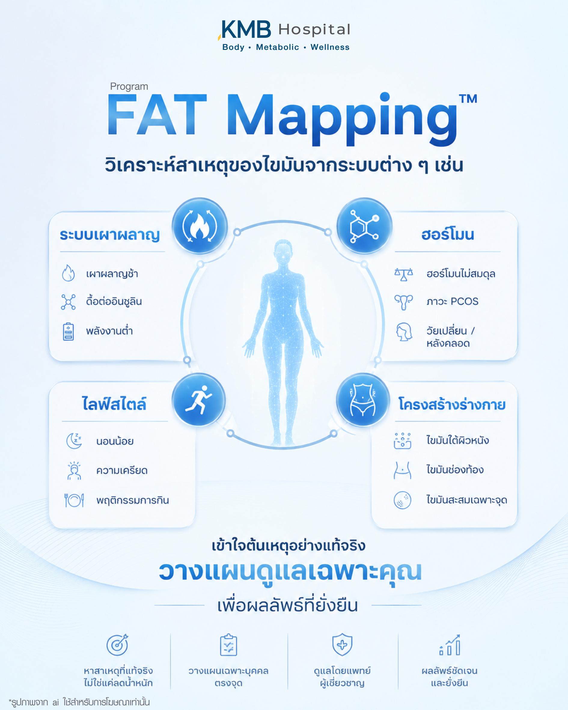 น้ำหนักขึ้นง่ายไม่ได้แปลว่าอ้วนเสมอไป อาจเกิดจากระบบเผาผลาญ ฮอร์โมน ความเครียด และการนอน โดยอธิบายผ่านแนวคิด FAT Mapping ของ KMB Hospital ที่ช่วยวิเคราะห์สาเหตุของไขมันและการเปลี่ยนแปลงของร่างกาย