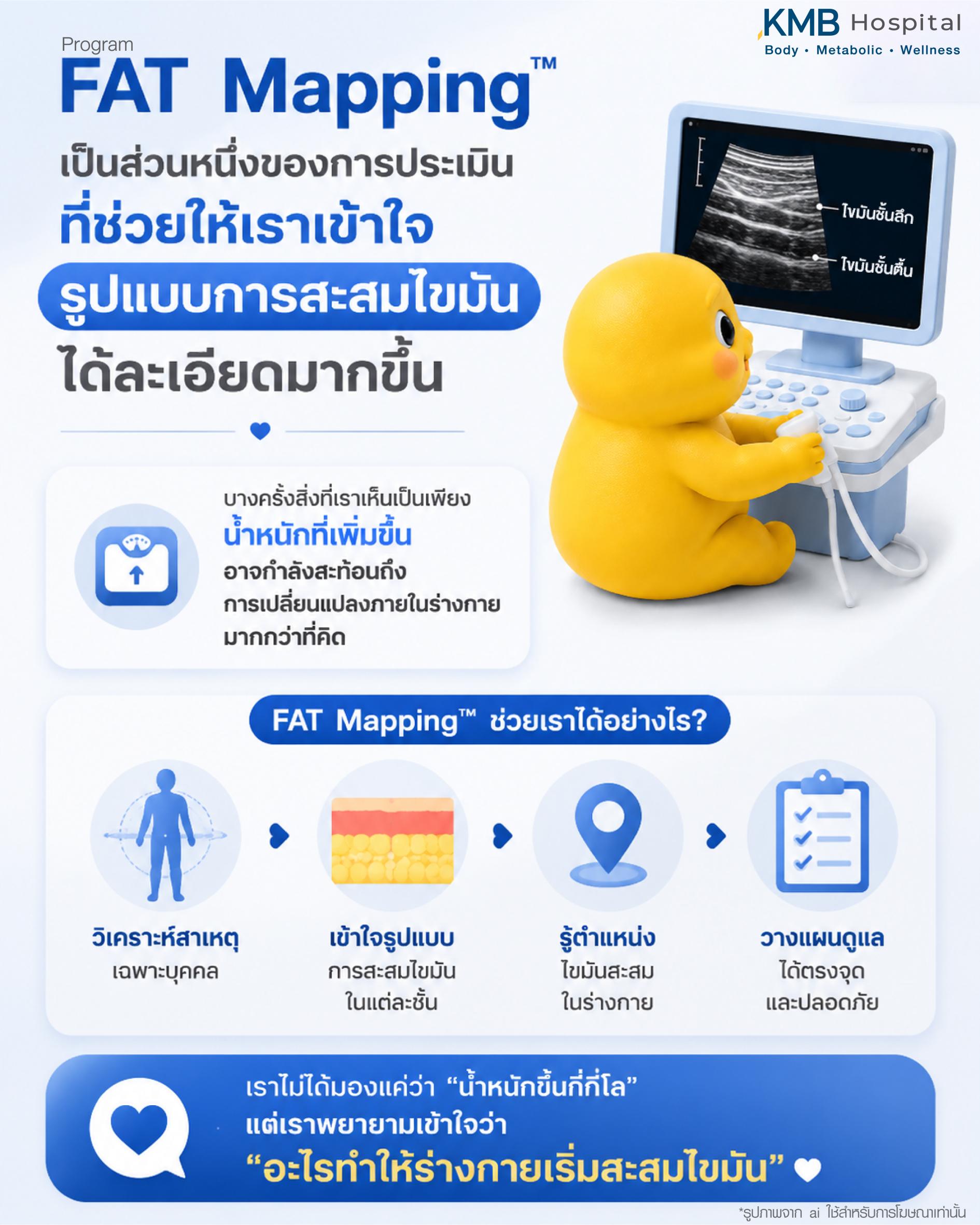FAT Mapping เป็นเครื่องมือประเมินการสะสมไขมันในร่างกายและระบบเผาผลาญ ช่วยวิเคราะห์ไขมันแต่ละชั้น ตำแหน่งการสะสมไขมัน และความเสี่ยงด้านสุขภาพ เพื่อวางแผนดูแลร่างกายอย่างเหมาะสมเฉพาะบุคคล