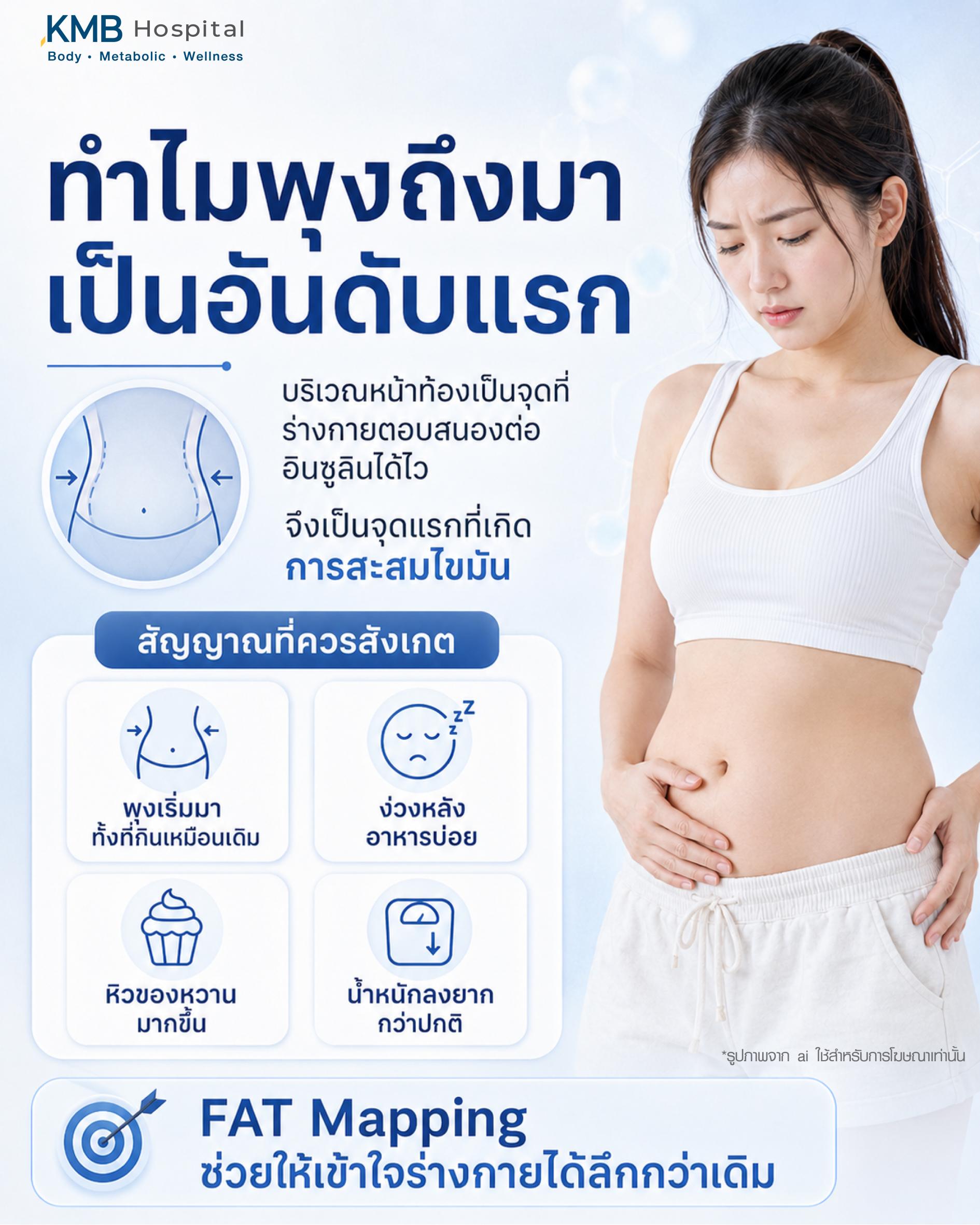ทำไมพุงถึงมาเป็นอันดับแรกและอาจเป็นสัญญาณดื้ออินซูลิน อธิบายการสะสมไขมันหน้าท้องที่เกี่ยวข้องกับระบบเผาผลาญ ฮอร์โมน และพฤติกรรมการกิน พร้อมแนวคิด FAT Mapping จาก KMB Hospital