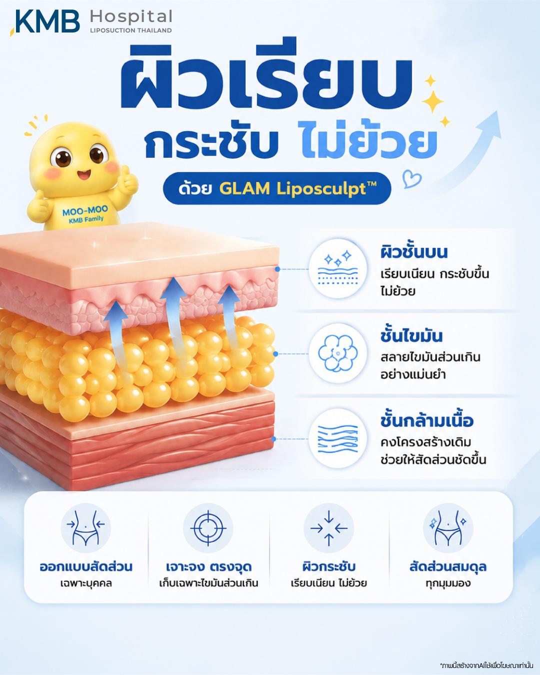 "โครงสร้างชั้นผิว ไขมัน และกล้ามเนื้อ ระหว่างการดูดไขมันหน้าท้อง GLAM Liposculpt™"
