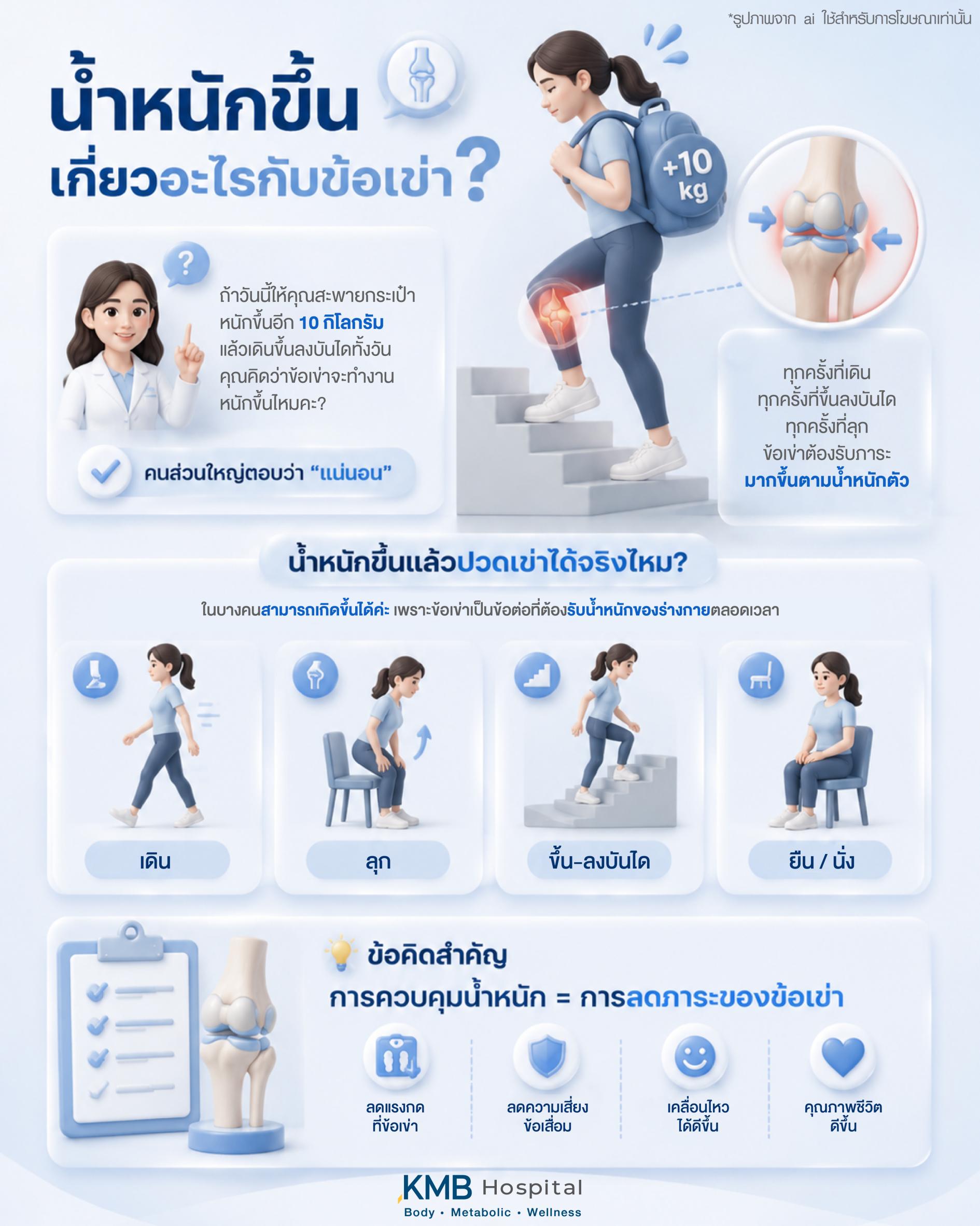 อินโฟกราฟิกอธิบายแรงกดที่ข้อเข่าในชีวิตประจำวัน เช่น การเดิน การขึ้นลงบันได การนั่ง-ลุก และการรับน้ำหนักตัวที่เพิ่มขึ้น ซึ่งอาจทำให้เกิดอาการปวดเข่า โดย KMB Hospital