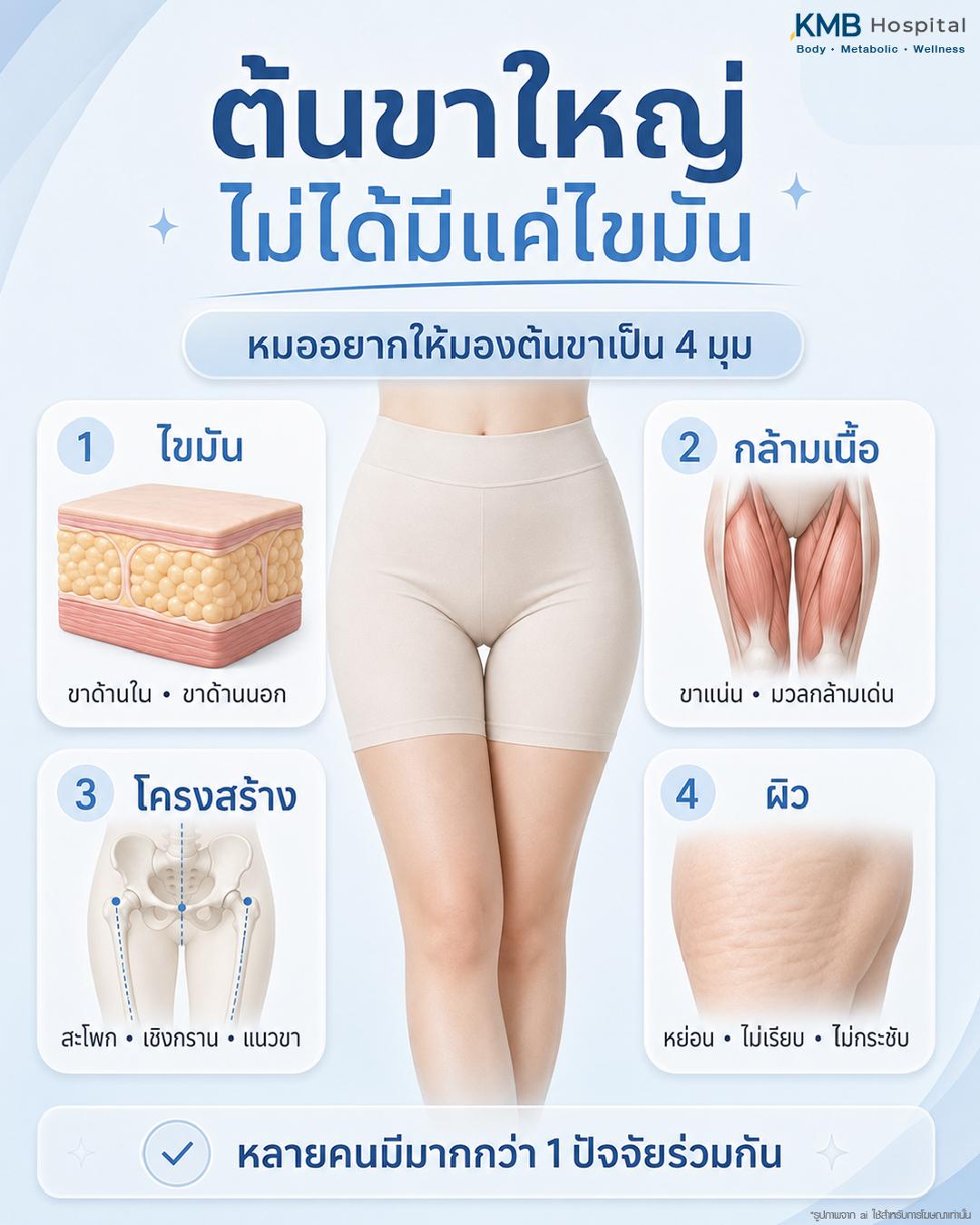 ต้นขาใหญ่ไม่ได้เกิดจากไขมันอย่างเดียว แต่ควรมองต้นขาเป็น 4 มุม ได้แก่ ไขมันบริเวณขาด้านในและขาด้านนอก กล้ามเนื้อต้นขาที่แน่นหรือเด่น โครงสร้างสะโพก เชิงกราน และแนวขา รวมถึงผิวที่หย่อน ไม่เรียบ หรือไม่กระชับ ซึ่งหลายคนอาจมีมากกว่า 1 ปัจจัยร่วมกัน