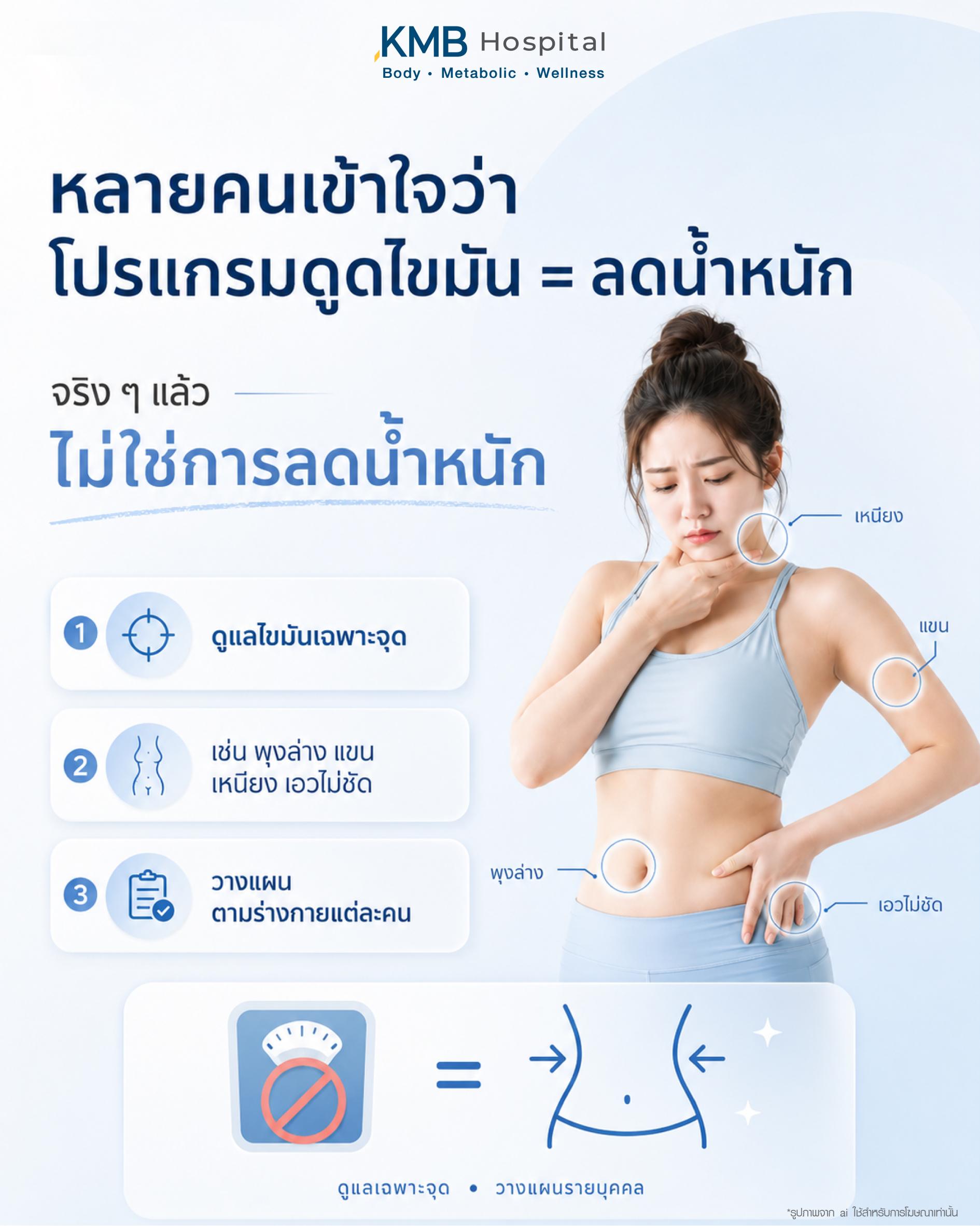 โปรแกรมดูดไขมันไม่ใช่การลดน้ำหนัก แต่เป็นการดูแลไขมันเฉพาะจุด เช่น เหนียง แขน พุงล่าง และเอวไม่ชัด โดยควรวางแผนตามร่างกายแต่ละคน เพื่อปรับสัดส่วนให้เหมาะสมมากกว่าการดูตัวเลขน้ำหนักบนตาชั่ง