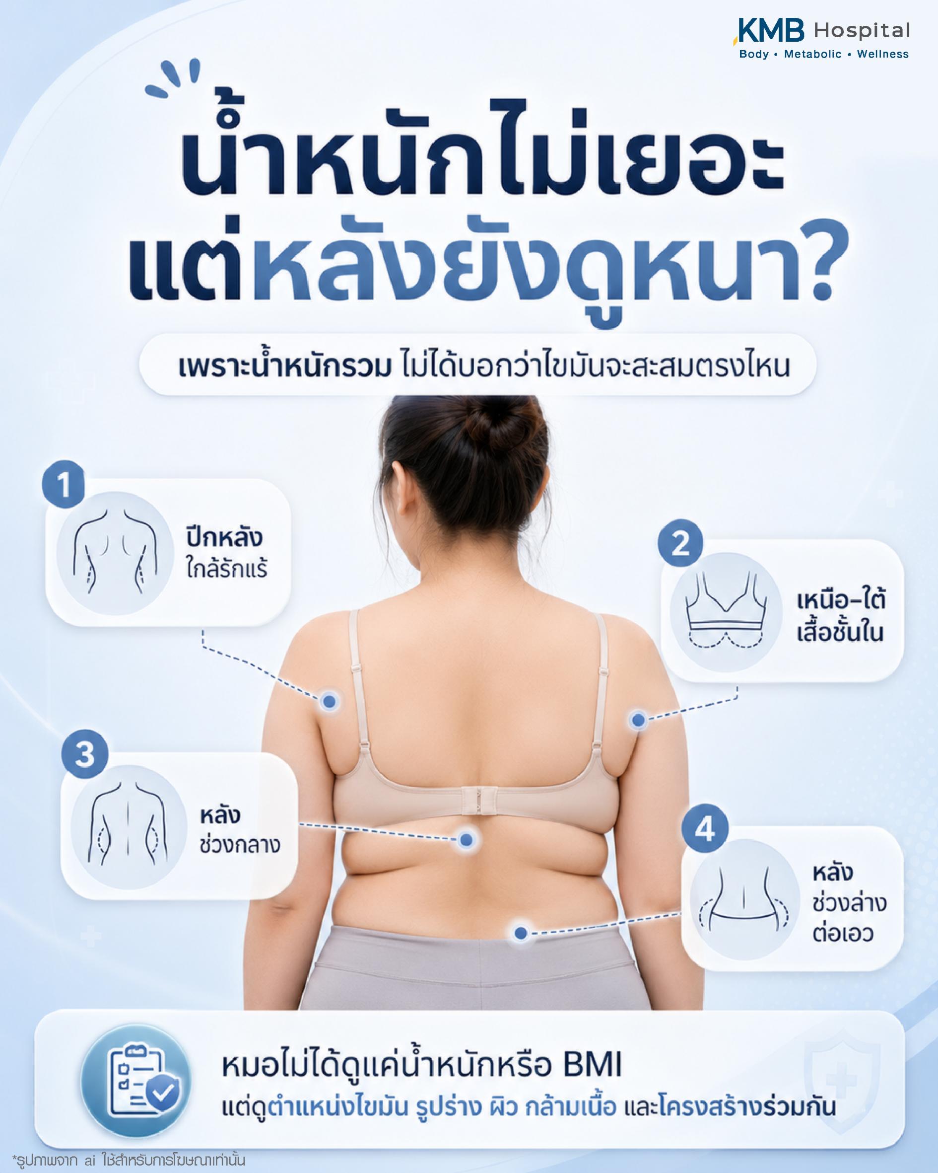 น้ำหนักไม่เยอะ แต่ทำไมแผ่นหลังยังดูหนา โดยชี้ให้เห็นว่าน้ำหนักรวมและ BMI ไม่ได้บอกตำแหน่งไขมันเสมอไป ไขมันอาจสะสมบริเวณปีกหลังใกล้รักแร้ เหนือและใต้เสื้อชั้นใน หลังช่วงกลาง หรือหลังช่วงล่างต่อเอว จึงควรประเมินร่วมกับตำแหน่งไขมัน รูปร่าง ผิว กล้ามเนื้อ และโครงสร้างร่างกาย