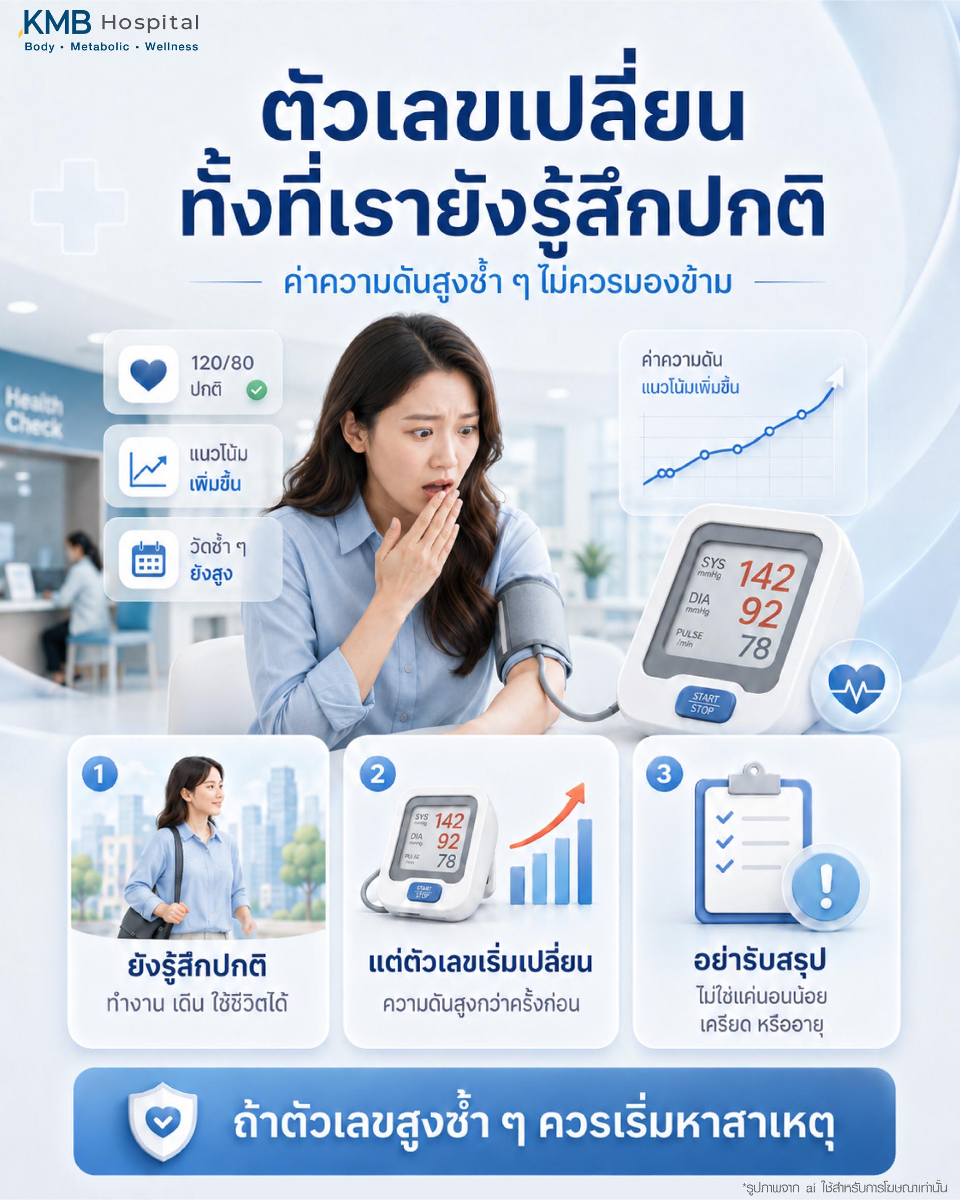 อธิบายภาวะความดันเริ่มสูงขึ้นแบบไม่รู้ตัว แม้ยังรู้สึกปกติ แต่ตัวเลขความดันอาจมีแนวโน้มเพิ่มขึ้นเมื่อวัดซ้ำ ๆ พร้อมแนะนำให้สังเกตค่าความดันและเริ่มหาสาเหตุที่เกี่ยวข้องกับความเครียด อายุ สุขภาพหลอดเลือด และปัจจัยภายในร่างกาย