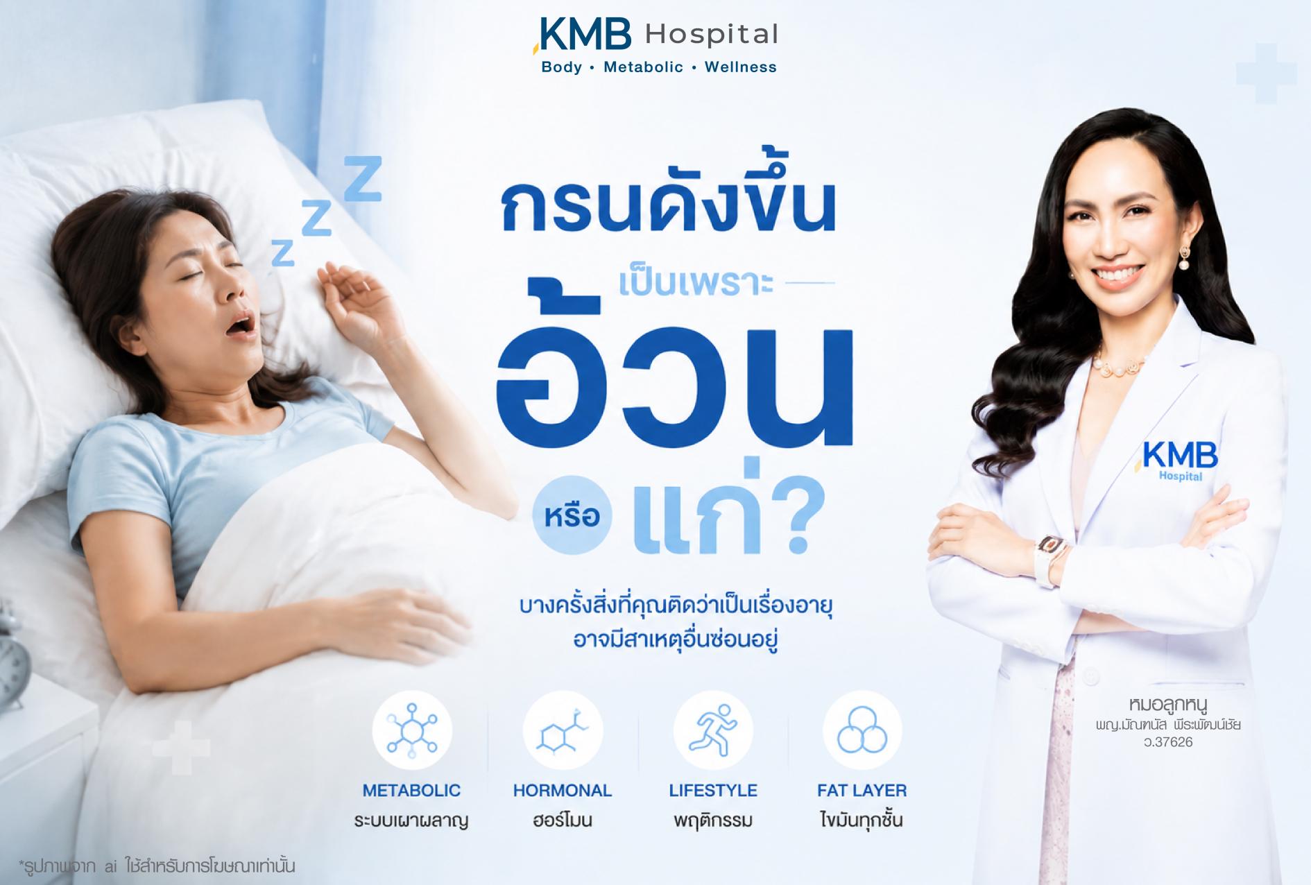 ภาพให้ความรู้เรื่องกรนดังขึ้น อาจเกี่ยวข้องกับอ้วน อายุ ระบบเผาผลาญ ฮอร์โมน ไลฟ์สไตล์ และชั้นไขมัน โดย KMB Hospital
