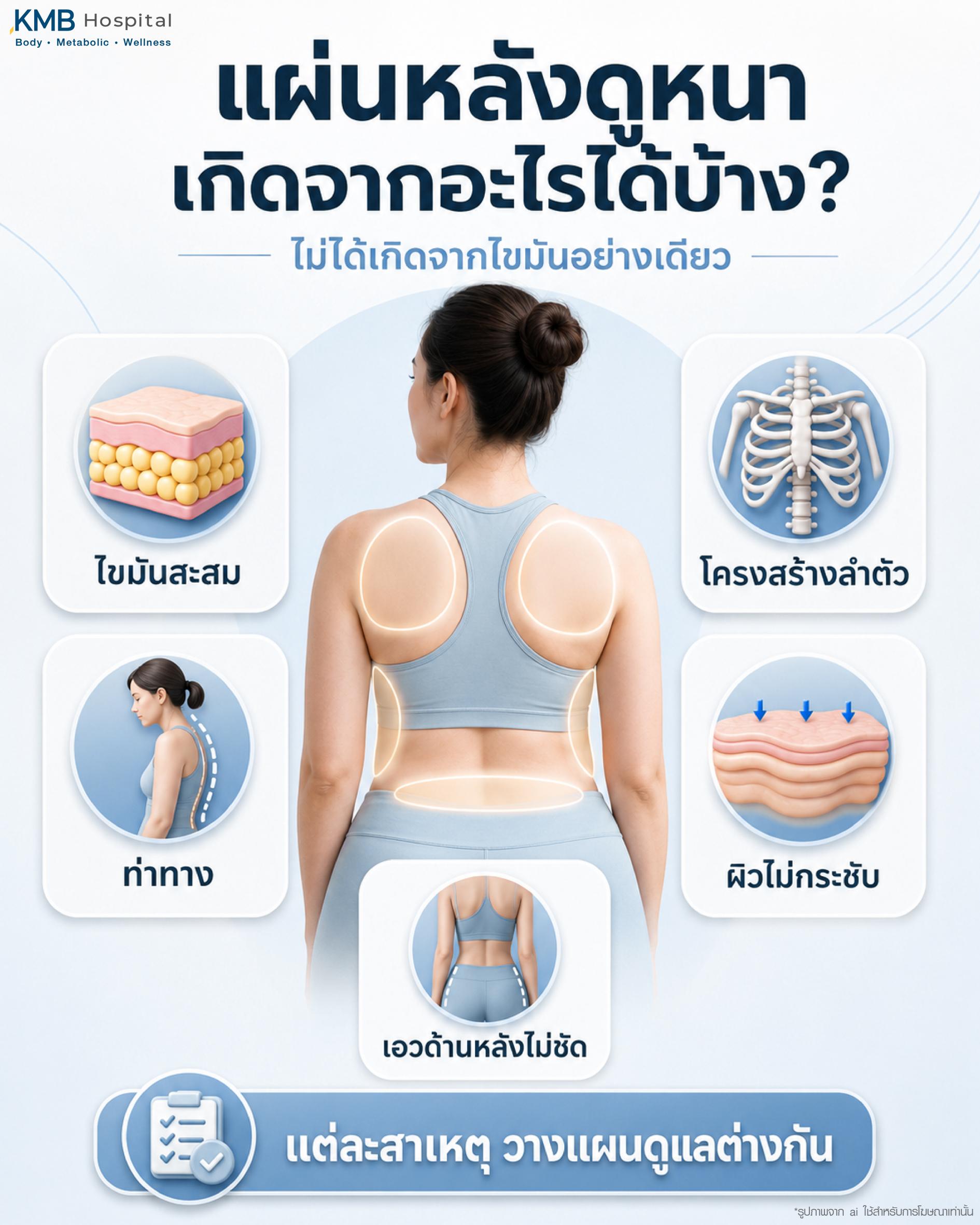 แผ่นหลังดูหนาเกิดจากอะไรได้บ้าง โดยไม่ได้เกิดจากไขมันอย่างเดียว แต่อาจเกี่ยวข้องกับไขมันสะสม โครงสร้างลำตัว ท่าทาง ผิวไม่กระชับ และเอวด้านหลังไม่ชัด ซึ่งแต่ละสาเหตุควรประเมินแยกกันเพื่อวางแผนดูแลรูปร่างให้เหมาะสม