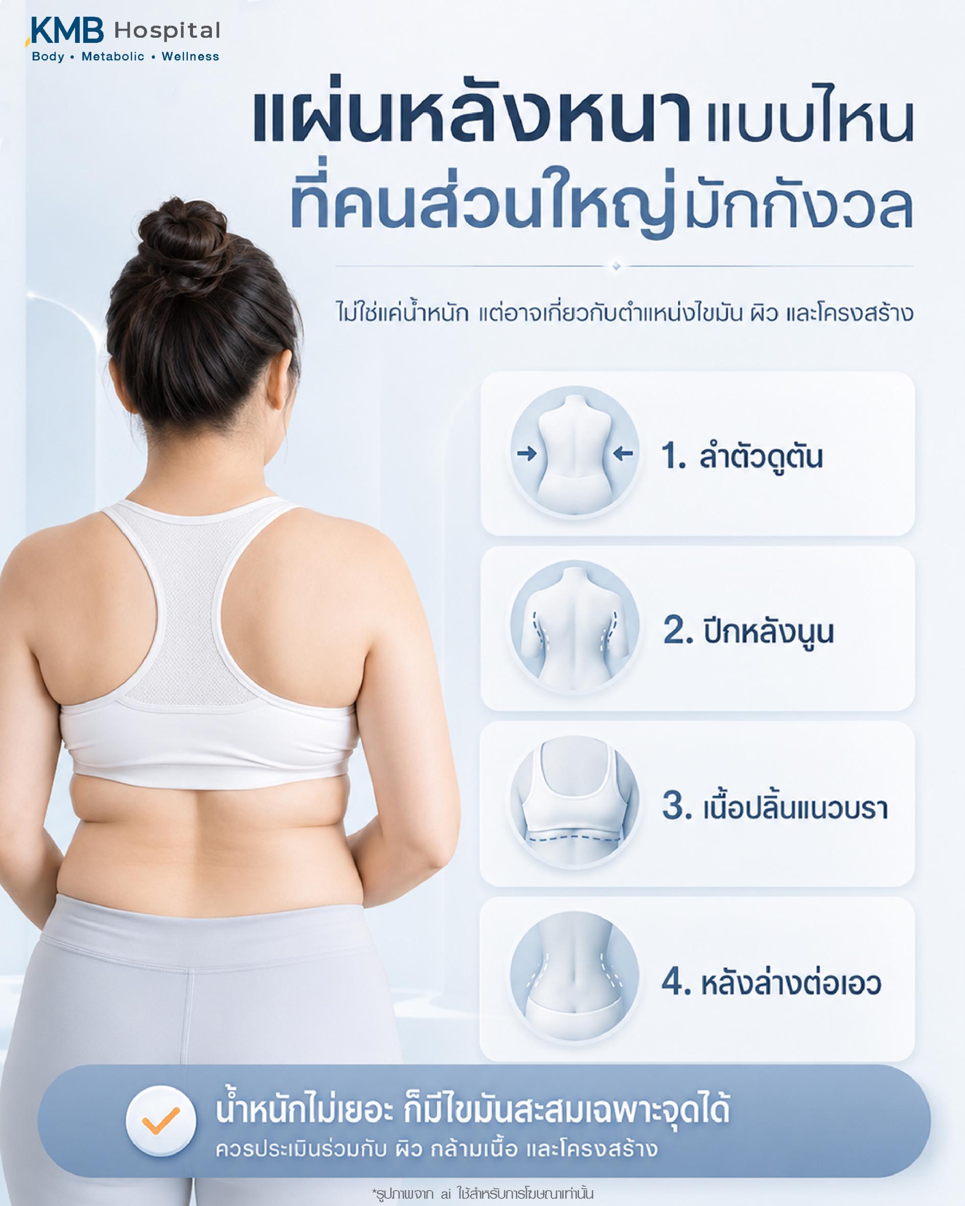 แผ่นหลังหนาแบบที่คนส่วนใหญ่มักกังวล เช่น ลำตัวดูตัน ปีกหลังนูน เนื้อปลิ้นแนวบรา และหลังล่างต่อเอว โดยระบุว่าน้ำหนักไม่เยอะก็อาจมีไขมันสะสมเฉพาะจุดได้ และควรประเมินร่วมกับผิว กล้ามเนื้อ และโครงสร้างร่างกายก่อนวางแผนดูแลรูปร่าง