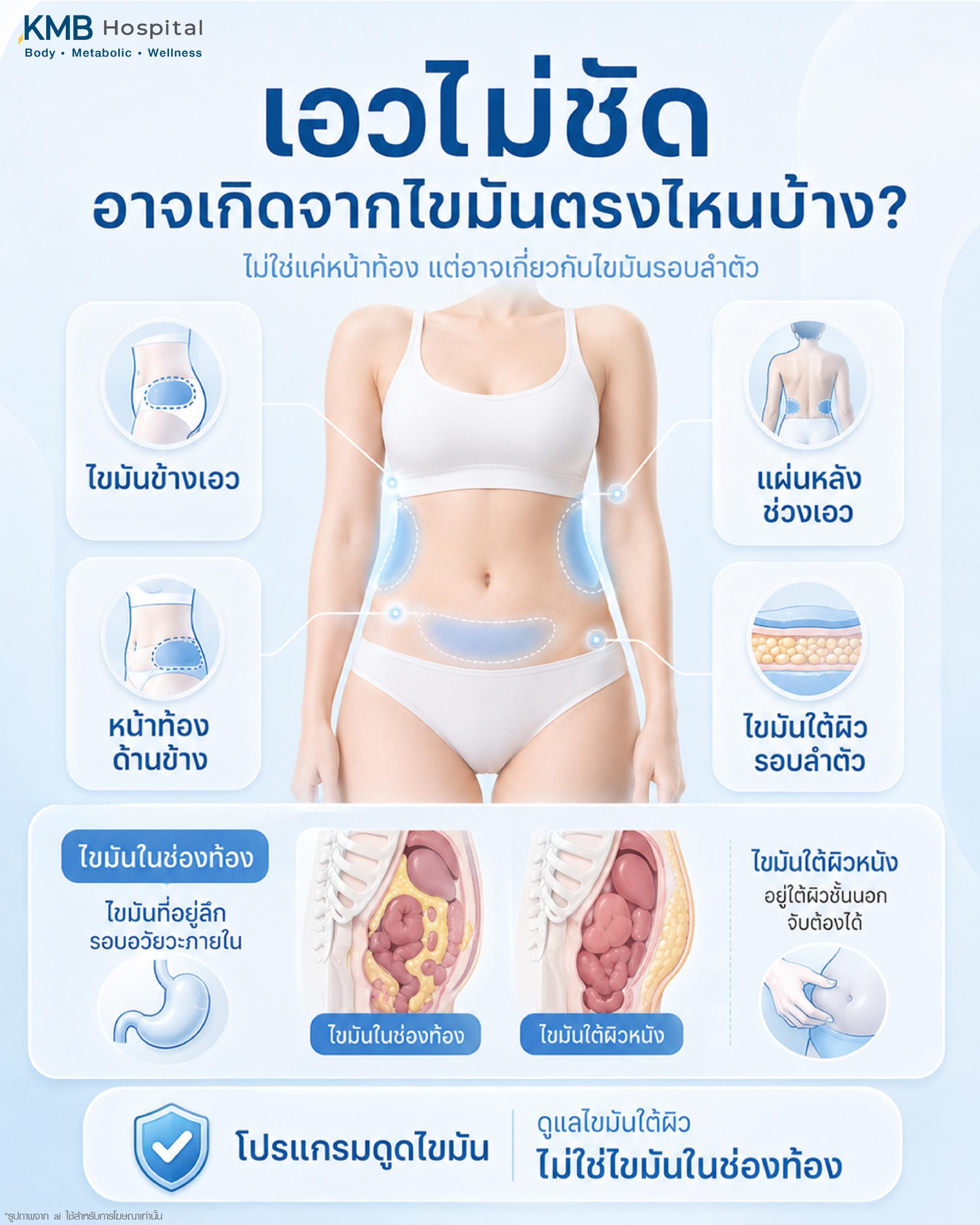 เอวไม่ชัดอาจเกิดจากไขมันหลายบริเวณ ไม่ใช่แค่หน้าท้อง เช่น ไขมันข้างเอว หน้าท้องด้านข้าง แผ่นหลังช่วงเอว และไขมันใต้ผิวรอบลำตัว พร้อมแยกความแตกต่างระหว่างไขมันใต้ผิวหนังที่จับต้องได้ กับไขมันในช่องท้องที่อยู่ลึกและเกี่ยวข้องกับอวัยวะภายใน เพื่อช่วยประเมินสาเหตุก่อนวางแผนดูแลรูปร่าง
