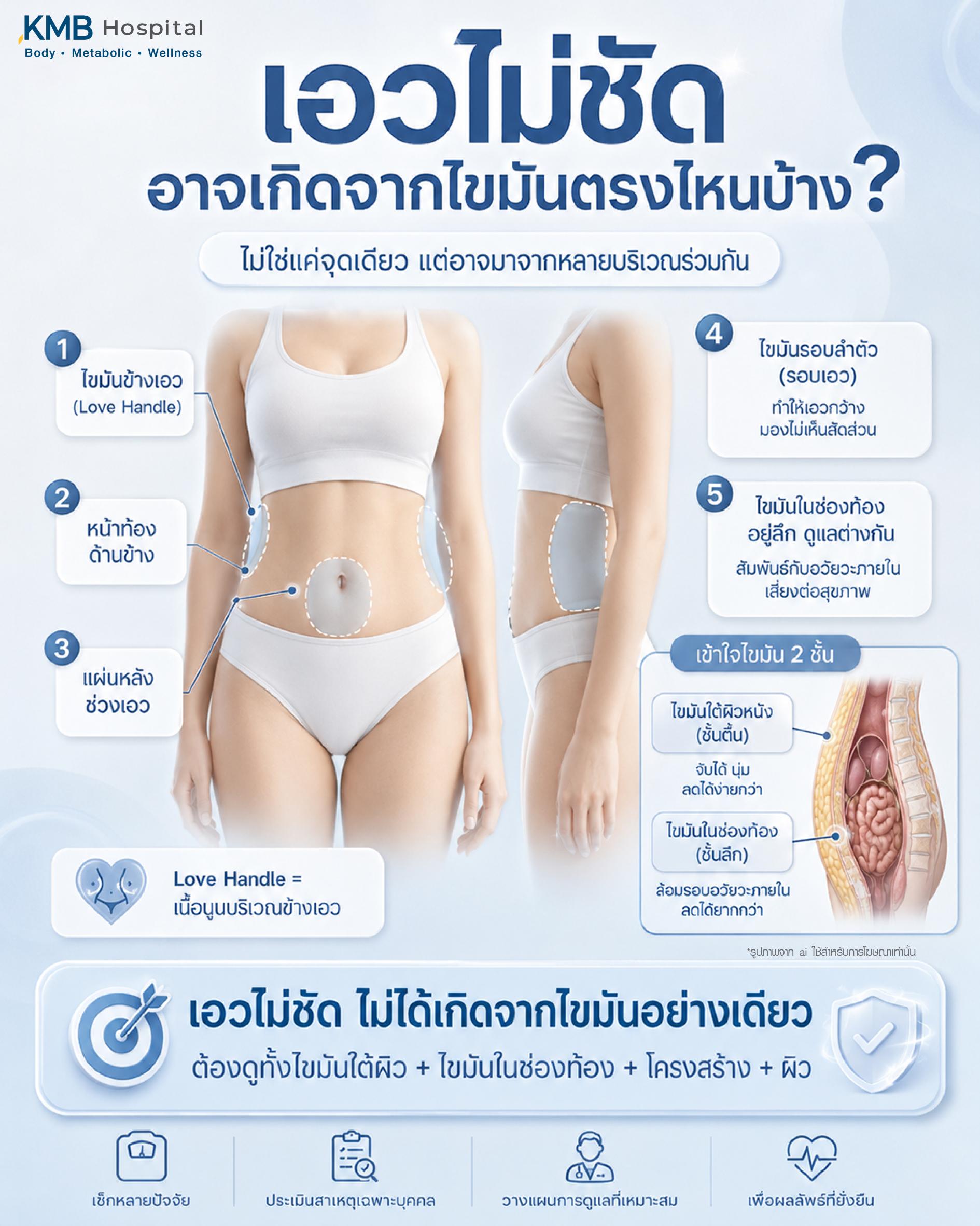 เอวไม่ชัดอาจเกิดจากไขมันหลายตำแหน่งร่วมกัน เช่น ไขมันข้างเอว หน้าท้องด้านข้าง แผ่นหลังช่วงเอว ไขมันรอบลำตัว และไขมันในช่องท้อง โดยแยกให้เห็นความต่างระหว่างไขมันใต้ผิวหนังกับไขมันในช่องท้อง พร้อมแนวทางประเมินสาเหตุเฉพาะบุคคลก่อนวางแผนดูแลรูปร่าง