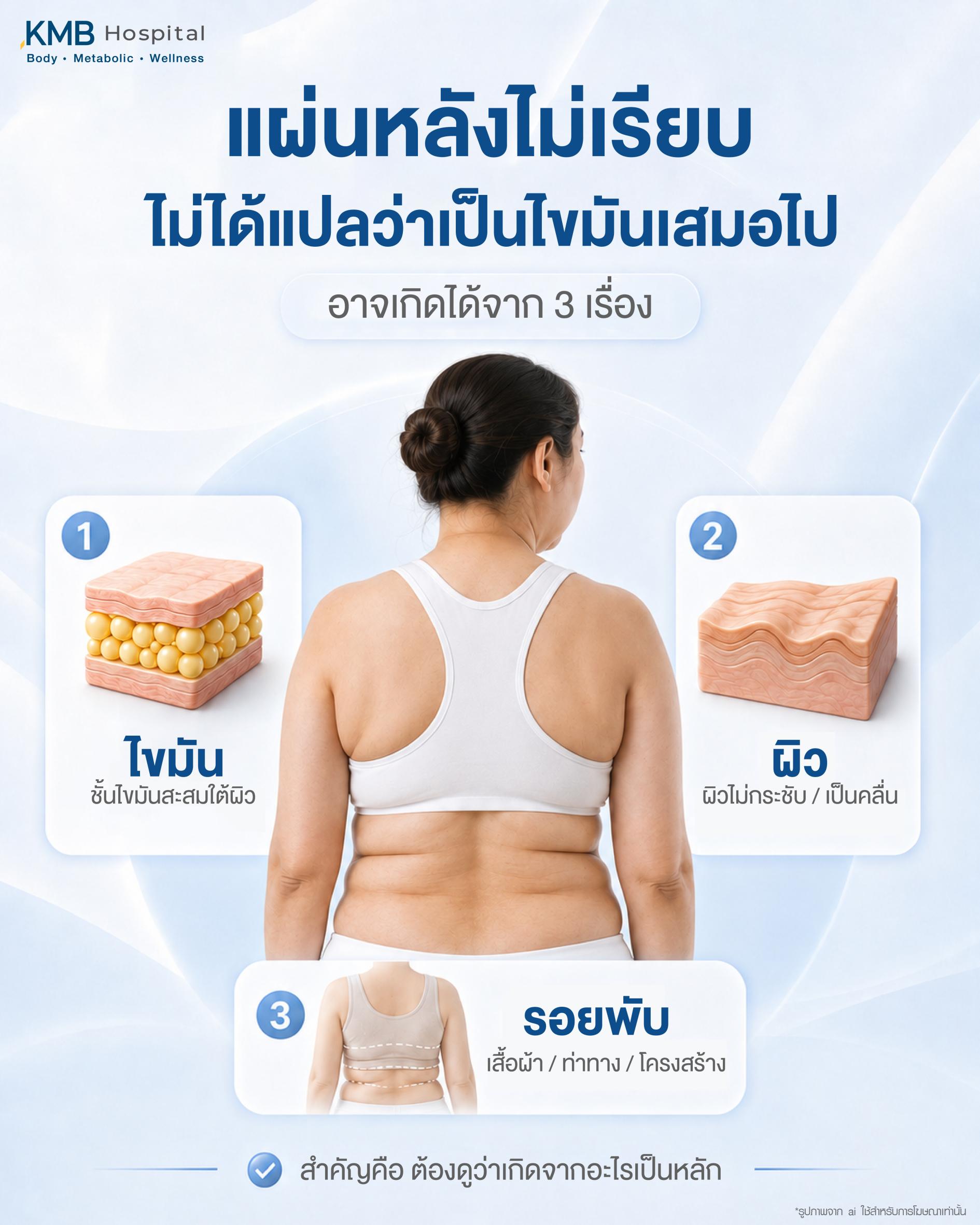 แผ่นหลังไม่เรียบไม่ได้แปลว่าเป็นไขมันเสมอไป แต่อาจเกิดจาก 3 สาเหตุหลัก ได้แก่ ไขมันสะสมใต้ผิว ผิวไม่กระชับหรือเป็นคลื่น และรอยพับจากเสื้อผ้า ท่าทาง หรือโครงสร้างร่างกาย จึงควรประเมินสาเหตุหลักก่อนวางแผนดูแลแผ่นหลังให้เหมาะกับแต่ละบุคคล