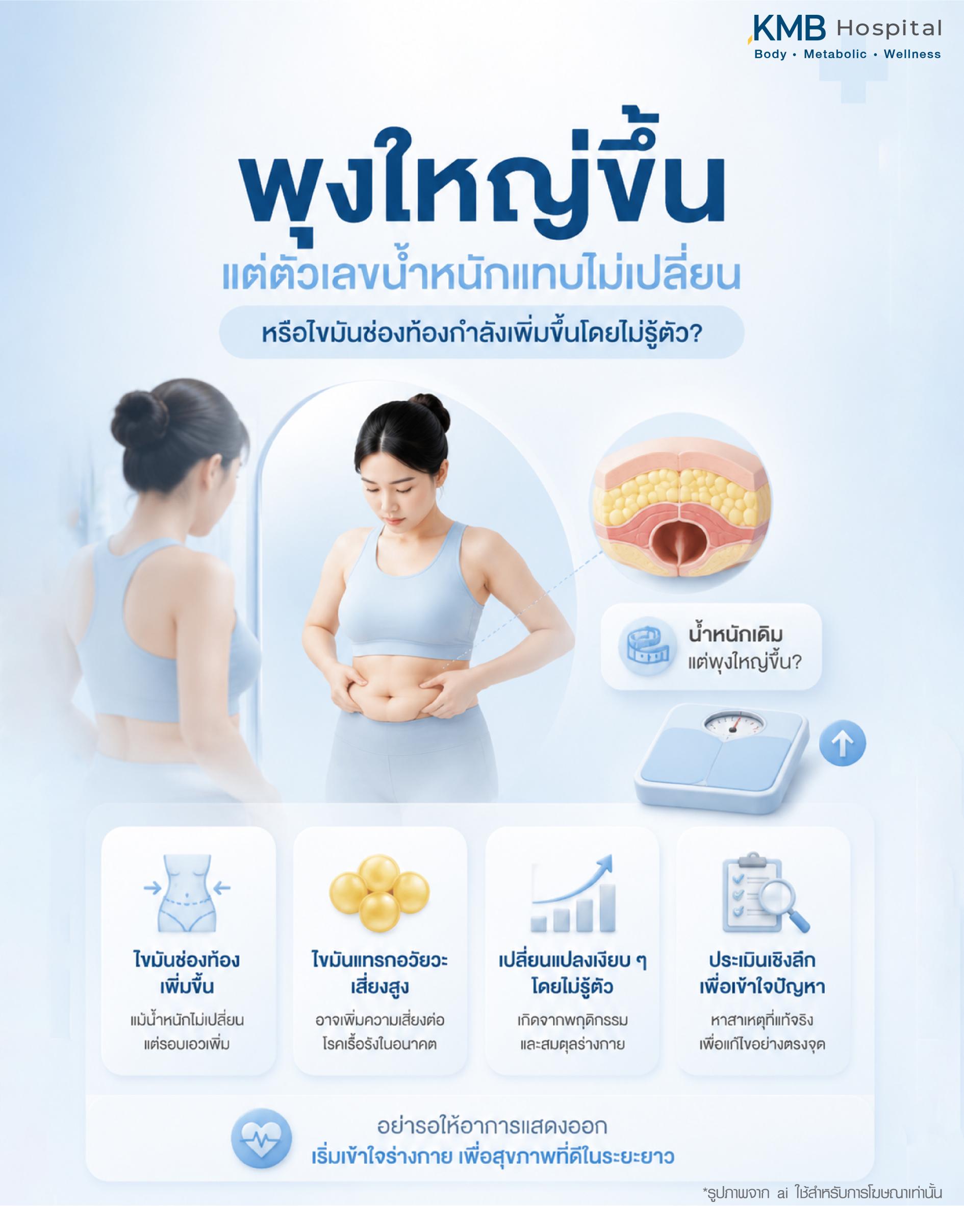 อาการพุงใหญ่ขึ้นทั้งที่น้ำหนักไม่เปลี่ยน อาจเกิดจากไขมันช่องท้องสะสม การเปลี่ยนแปลงระบบเผาผลาญ ฮอร์โมน หรือพฤติกรรมการใช้ชีวิต โดย FAT Mapping ของ KMB Hospital ช่วยวิเคราะห์สาเหตุที่แท้จริง