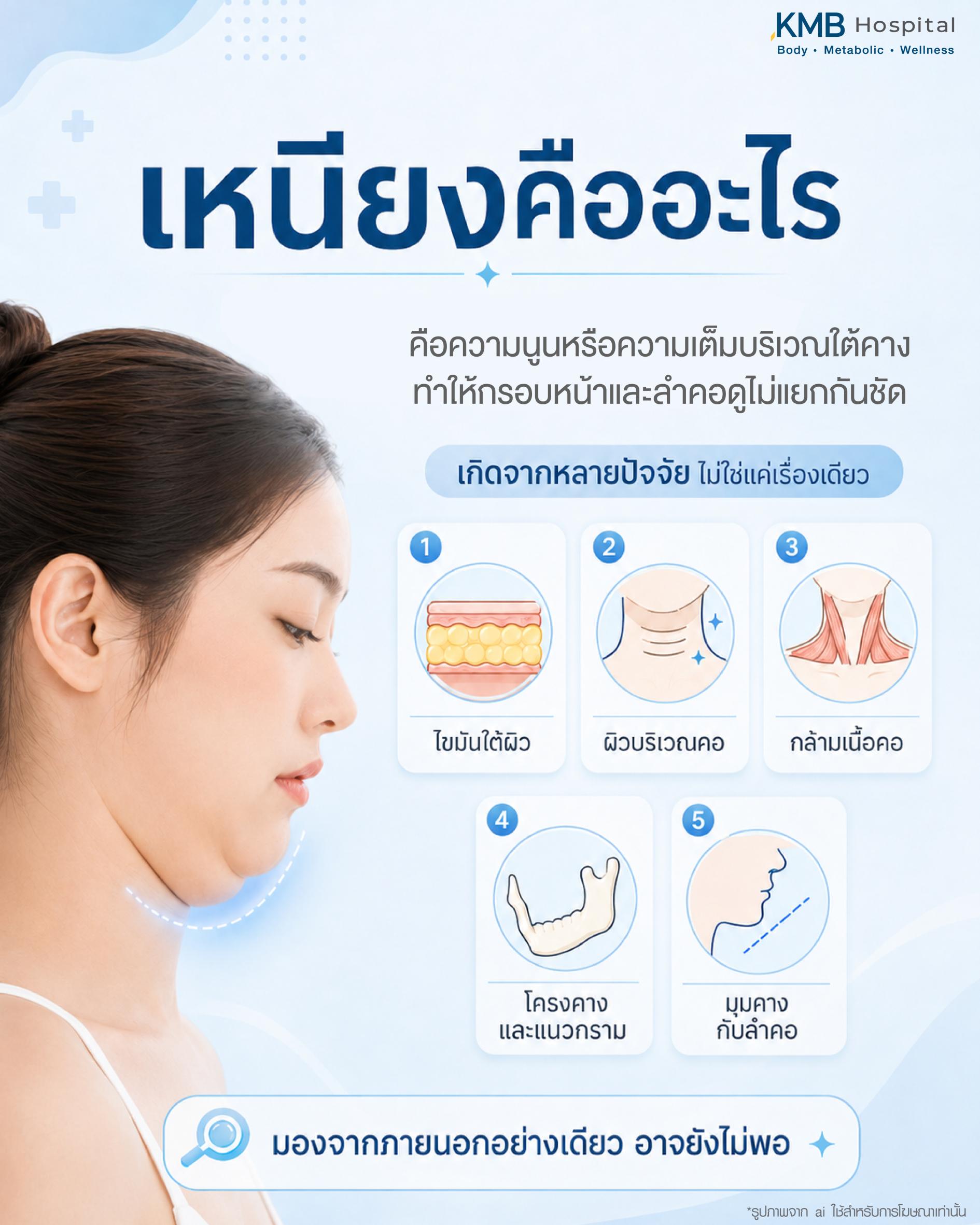 เหนียงคืออะไร โดยอธิบายความนูนหรือความเต็มบริเวณใต้คางที่ทำให้กรอบหน้าและลำคอดูไม่แยกกันชัด ซึ่งอาจเกิดจากหลายปัจจัย เช่น ไขมันใต้ผิว ผิวบริเวณคอ กล้ามเนื้อคอ โครงคางและแนวกราม รวมถึงมุมคางกับลำคอ จึงควรประเมินสาเหตุก่อนวางแผนดูแลเหนียง
