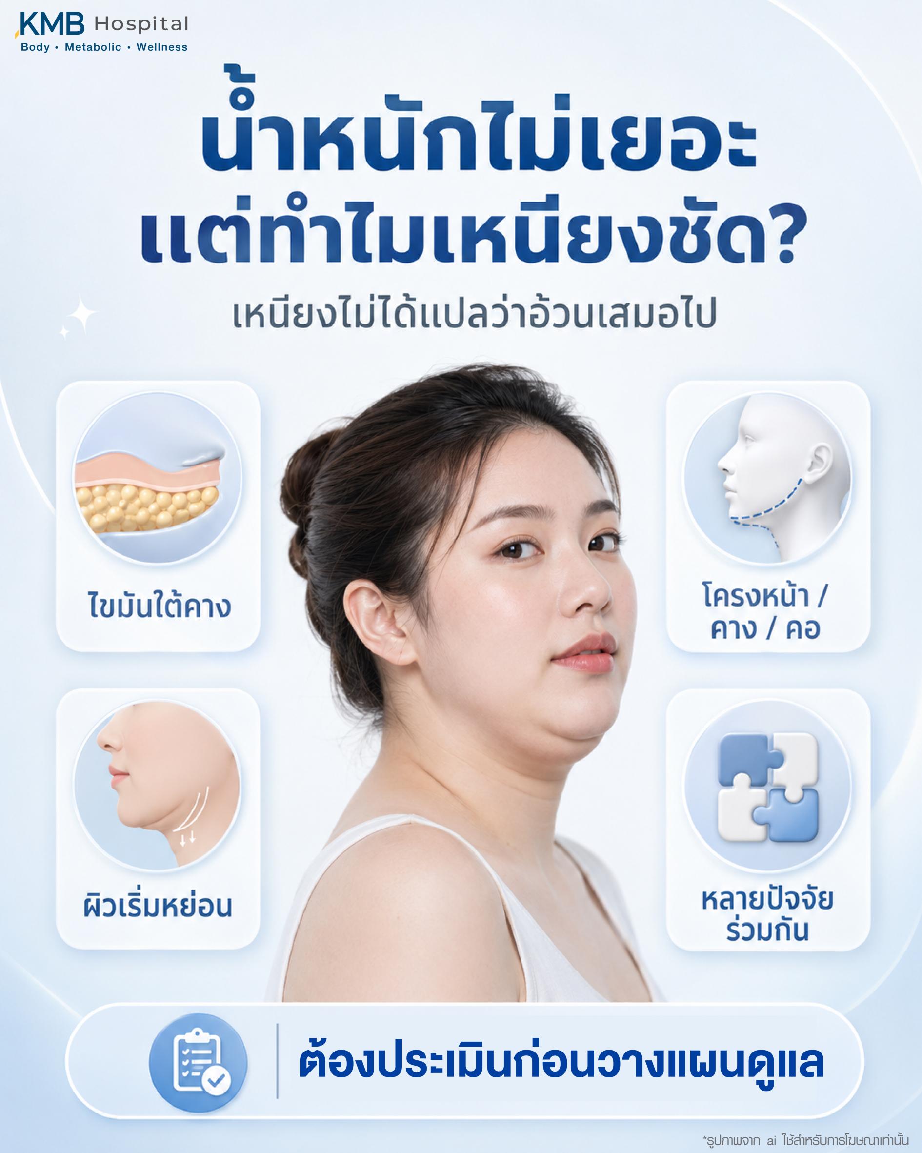 สาเหตุที่น้ำหนักไม่เยอะ แต่ทำไมเหนียงชัด โดยระบุว่าเหนียงไม่ได้แปลว่าอ้วนเสมอไป แต่อาจเกี่ยวข้องกับไขมันใต้คาง ผิวเริ่มหย่อน โครงหน้า คาง คอ และหลายปัจจัยร่วมกัน จึงควรประเมินก่อนวางแผนดูแลเหนียงให้ตรงจุด